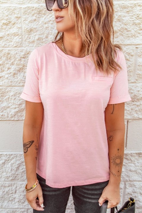 PODWINIĘTY T-SHIRT Z KRÓTKIM RĘKAWEM RÓŻOWA r.L PODWINIĘTY T-SHIRT Z KRÓTKIM RĘKAWEM RÓŻOWA r.L
