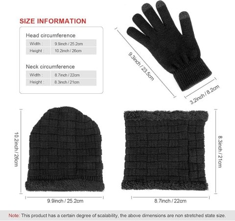 CZAPKA ZIMOWA +SZALIK KOMIN +RĘKAWICZKI DOTYK DZIANINA UNISEX CZARNY 3W1 CZAPKA ZIMOWA +SZALIK KOMIN +RĘKAWICZKI DOTYK DZIANINA UNISEX CZARNY 3W1