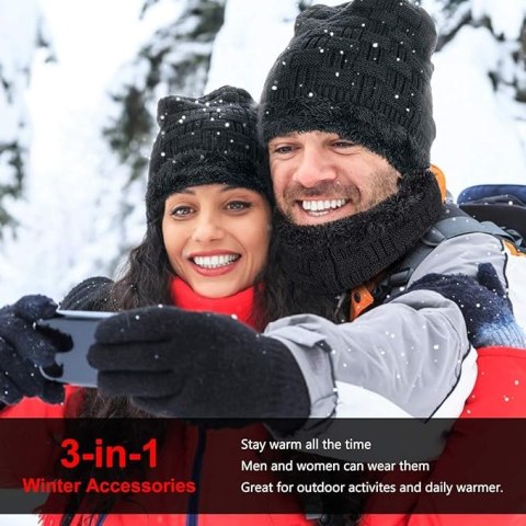 CZAPKA ZIMOWA +SZALIK KOMIN +RĘKAWICZKI DOTYK DZIANINA UNISEX CZARNY 3W1 CZAPKA ZIMOWA +SZALIK KOMIN +RĘKAWICZKI DOTYK DZIANINA UNISEX CZARNY 3W1
