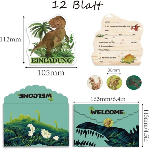 12x ZAPROSZENIA NA URODZINY DINOZAURY KOPERTA KARTKA NAKLEJKI J.NIEMIECKI 12x ZAPROSZENIA NA URODZINY DINOZAURY KOPERTA KARTKA NAKLEJKI J.NIEMIECKI
