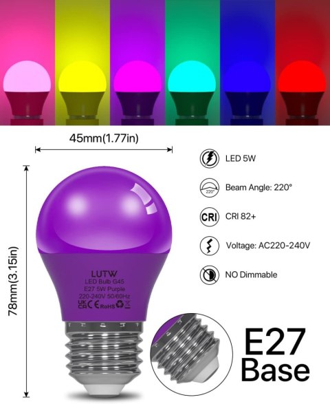 6x ŻARÓWKA LED KOLOROWE E27 G45 5W 450lm FIOLETOWA 6x ŻARÓWKA LED KOLOROWE E27 G45 5W 450lm FIOLETOWA