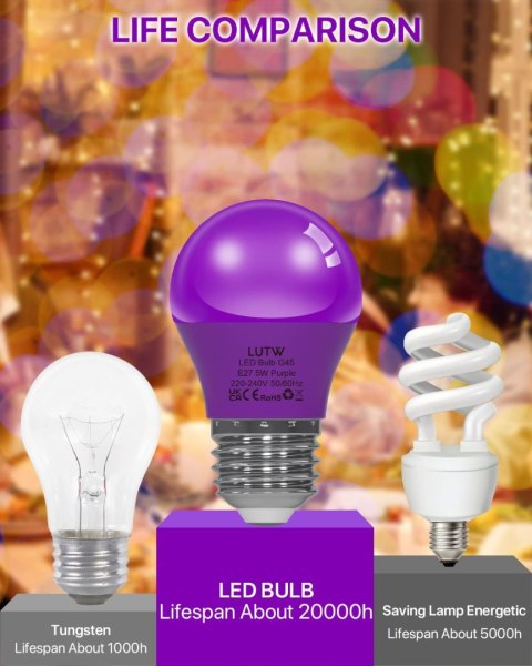 6x ŻARÓWKA LED KOLOROWE E27 G45 5W 450lm FIOLETOWA 6x ŻARÓWKA LED KOLOROWE E27 G45 5W 450lm FIOLETOWA