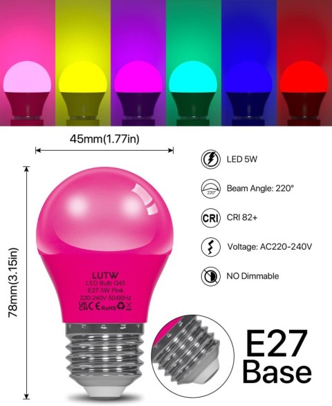 6x ŻARÓWKA LED KOLOROWE E27 G45 5W 450lm RÓŻ ZIELONY NIEBIESKI CZERWONY RGB 6x ŻARÓWKA LED KOLOROWE E27 G45 5W 450lm RÓŻ ZIELONY NIEBIESKI CZERWONY RGB