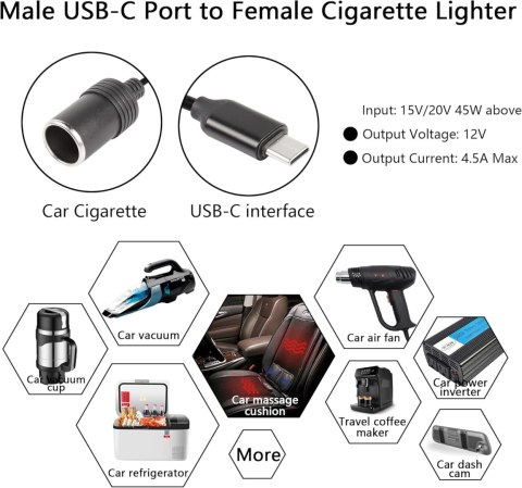 ADAPTER USB C NA 12V GNIAZDO ZAPALNICZKI SAMOCHODOWEJ 30cm ADAPTER USB C NA 12V GNIAZDO ZAPALNICZKI SAMOCHODOWEJ 30cm