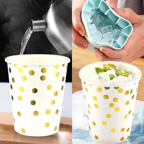 KUBKI JEDNORAZOWE PAPIEROWE ZŁOTE KROPKI NA PRZYJĘCIE IMPREZĘ 100szt 250ml