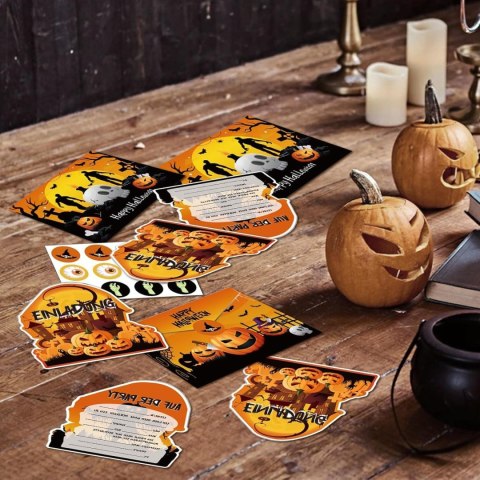 12x ZAPROSZENIA NA IMPREZĘ HALLOWEEN KOPERTA POCZTÓWKA NAKLEJKI J.NIEMIECKI