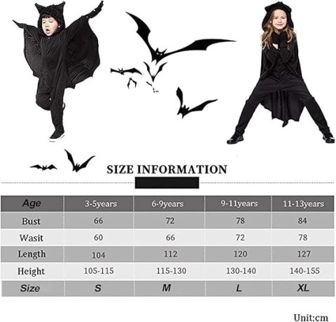KOSTIUM HALLOWEEN NIETOPERZ PELERYNA RĘKAWICZKI WAMPIR COSPLAY L 130-140cm KOSTIUM HALLOWEEN NIETOPERZ PELERYNA RĘKAWICZKI WAMPIR COSPLAY L 130-140cm