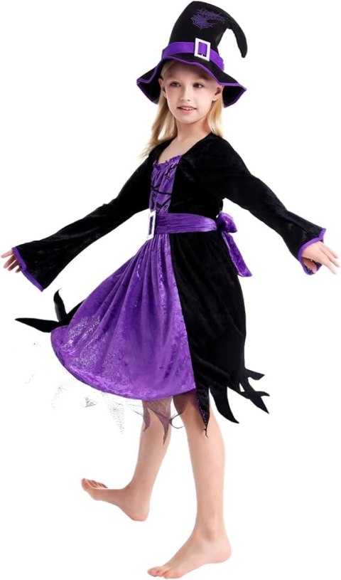 KOSTIUM STRÓJ PRZEBRANIE HALLOWEEN WIEDŻMA FIOLETOWA SUKIENKA KAPELUSZ 3-4L KOSTIUM STRÓJ PRZEBRANIE HALLOWEEN WIEDŻMA FIOLETOWA SUKIENKA KAPELUSZ 3-4L