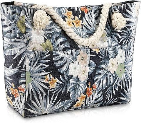 DUŻA TORBA PLAŻOWA WIELOKOLOROWA KWIATY LIŚCIE 8 KIESZENI 43,5x14x36,5 cm DUŻA TORBA PLAŻOWA WIELOKOLOROWA KWIATY LIŚCIE 8 KIESZENI 43,5x14x36,5 cm