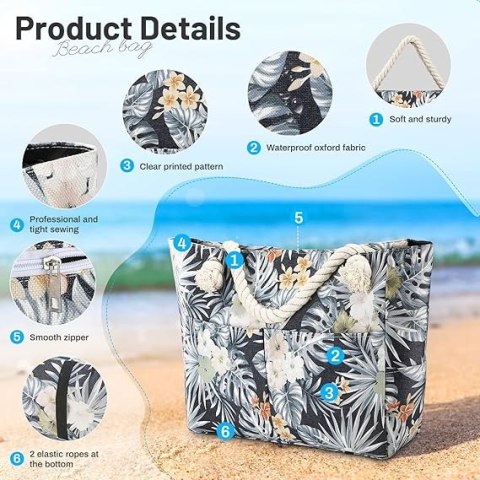 DUŻA TORBA PLAŻOWA WIELOKOLOROWA KWIATY LIŚCIE 8 KIESZENI 43,5x14x36,5 cm DUŻA TORBA PLAŻOWA WIELOKOLOROWA KWIATY LIŚCIE 8 KIESZENI 43,5x14x36,5 cm