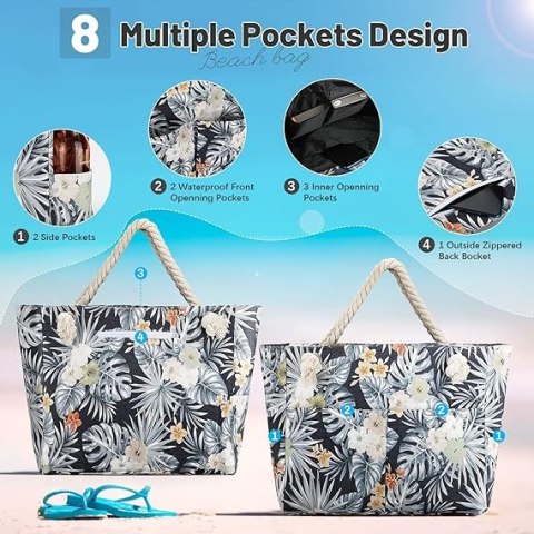 DUŻA TORBA PLAŻOWA WIELOKOLOROWA KWIATY LIŚCIE 8 KIESZENI 43,5x14x36,5 cm DUŻA TORBA PLAŻOWA WIELOKOLOROWA KWIATY LIŚCIE 8 KIESZENI 43,5x14x36,5 cm