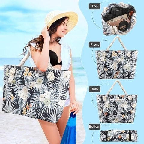 DUŻA TORBA PLAŻOWA WIELOKOLOROWA KWIATY LIŚCIE 8 KIESZENI 43,5x14x36,5 cm DUŻA TORBA PLAŻOWA WIELOKOLOROWA KWIATY LIŚCIE 8 KIESZENI 43,5x14x36,5 cm