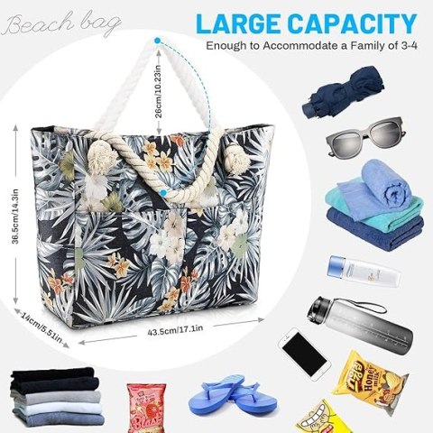 DUŻA TORBA PLAŻOWA WIELOKOLOROWA KWIATY LIŚCIE 8 KIESZENI 43,5x14x36,5 cm DUŻA TORBA PLAŻOWA WIELOKOLOROWA KWIATY LIŚCIE 8 KIESZENI 43,5x14x36,5 cm