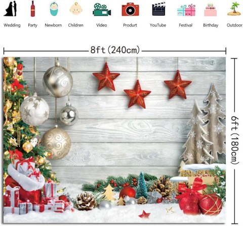 TŁO WINYLOWE FOTOGRAFICZNE 2,4x1,8m BOŻE NARODZENIE CHOINKA BOMBKI SKARPETY TŁO WINYLOWE FOTOGRAFICZNE 2,4x1,8m BOŻE NARODZENIE CHOINKA BOMBKI SKARPETY