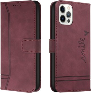 ETUI Z KLAPKĄ APPLE IPHONE 13 PRO MAX 6.7" Z EKOSKÓRY BORDOWE Z NAPISEM