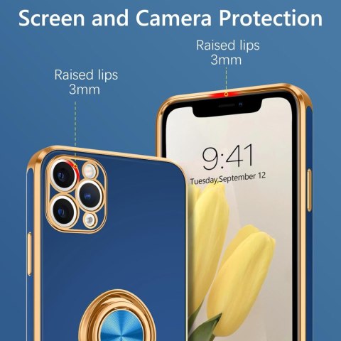 ETUI DO APPLE IPHONE 11 PRO MAX CASE SILIKONOWY NIEBIESKI ZŁOTY +RING