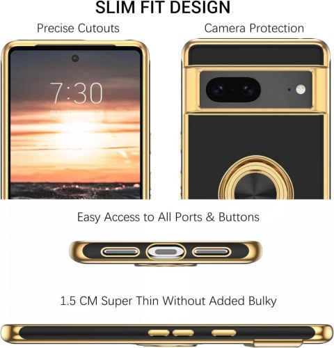 ETUI DO GOOGLE PIXEL 7A 5G 6.10" SOLIDNE SILIKONOWE CZARNE ZŁOTE +RING