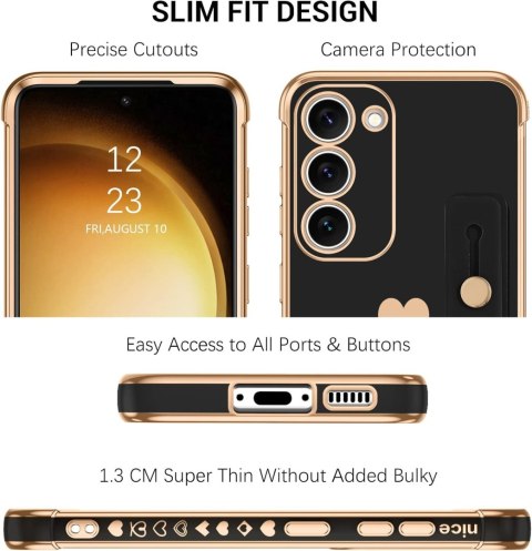 ETUI DO SAMSUNG GALAXY S23 5G CZARNE SILIKONOWE ZŁOTA RAMKA SERCE UCHWYT ETUI DO SAMSUNG GALAXY S23 5G CZARNE SILIKONOWE ZŁOTA RAMKA SERCE UCHWYT