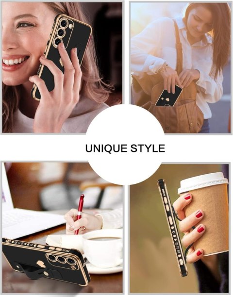ETUI DO SAMSUNG GALAXY S23 5G CZARNE SILIKONOWE ZŁOTA RAMKA SERCE UCHWYT ETUI DO SAMSUNG GALAXY S23 5G CZARNE SILIKONOWE ZŁOTA RAMKA SERCE UCHWYT