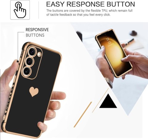 ETUI DO SAMSUNG GALAXY S23 5G CZARNE SILIKONOWE ZŁOTA RAMKA SERCE UCHWYT ETUI DO SAMSUNG GALAXY S23 5G CZARNE SILIKONOWE ZŁOTA RAMKA SERCE UCHWYT