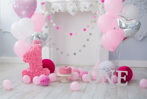 TŁO WINYLOWE FOTOGRAFICZNE 2,2x1,5m PIERWSZE URODZINY POKÓJ RÓŻOWY BALONY TŁO WINYLOWE FOTOGRAFICZNE 2,2x1,5m PIERWSZE URODZINY POKÓJ RÓŻOWY BALONY