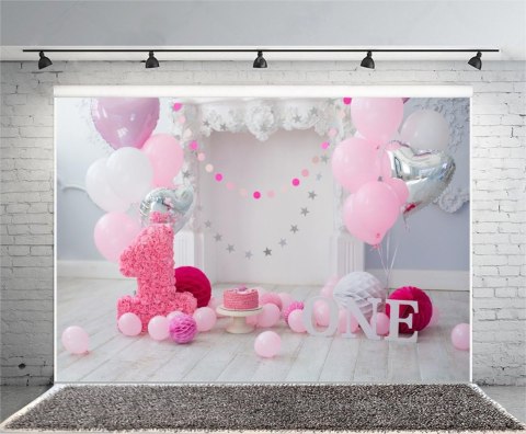 TŁO WINYLOWE FOTOGRAFICZNE 2,2x1,5m PIERWSZE URODZINY POKÓJ RÓŻOWY BALONY TŁO WINYLOWE FOTOGRAFICZNE 2,2x1,5m PIERWSZE URODZINY POKÓJ RÓŻOWY BALONY