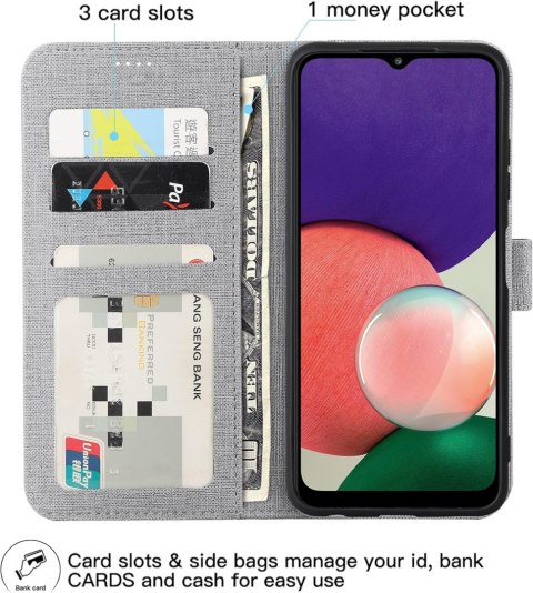 ETUI DO SAMSUNG GALAXY A22 5G ZAMYKANE Z KLAPKĄ SZARE MIEJSCE NA KARTY ETUI DO SAMSUNG GALAXY A22 5G ZAMYKANE Z KLAPKĄ SZARE MIEJSCE NA KARTY