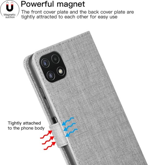 ETUI DO SAMSUNG GALAXY A22 5G ZAMYKANE Z KLAPKĄ SZARE MIEJSCE NA KARTY ETUI DO SAMSUNG GALAXY A22 5G ZAMYKANE Z KLAPKĄ SZARE MIEJSCE NA KARTY