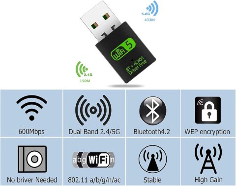 KARTA SIECIOWA KLUCZ USB BLUETOOTH 4.2 WIFI 2,4G/5G 600 Mb/s KARTA SIECIOWA KLUCZ USB BLUETOOTH 4.2 WIFI 2,4G/5G 600 Mb/s