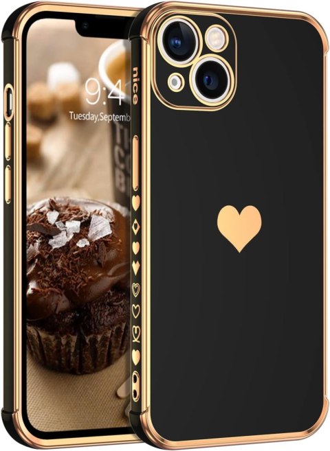 ETUI APPLE IPHONE 13 6.1" CASE SILIKONOWY CZARNY ZŁOTE SERCE DODATKI A2482 ETUI APPLE IPHONE 13 6.1" CASE SILIKONOWY CZARNY ZŁOTE SERCE DODATKI A2482