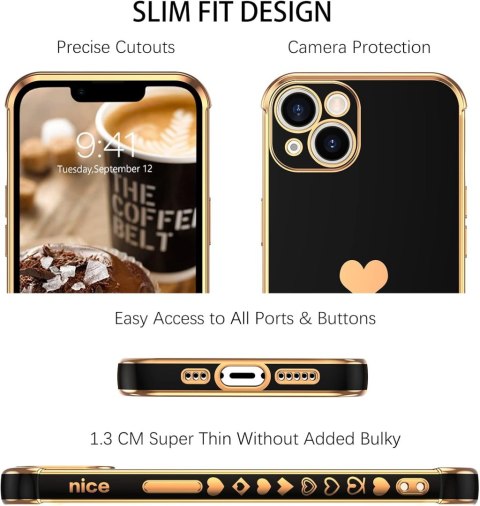 ETUI APPLE IPHONE 13 6.1" CASE SILIKONOWY CZARNY ZŁOTE SERCE DODATKI A2482 ETUI APPLE IPHONE 13 6.1" CASE SILIKONOWY CZARNY ZŁOTE SERCE DODATKI A2482