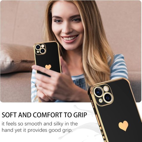 ETUI APPLE IPHONE 13 6.1" CASE SILIKONOWY CZARNY ZŁOTE SERCE DODATKI A2482 ETUI APPLE IPHONE 13 6.1" CASE SILIKONOWY CZARNY ZŁOTE SERCE DODATKI A2482
