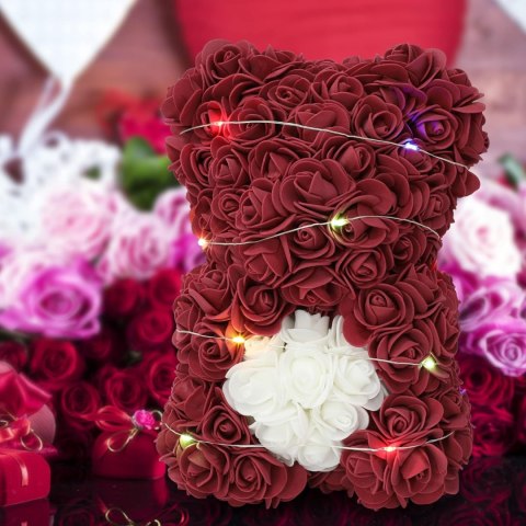 MIŚ Z PŁATKÓW RÓŻ BORDOWY W PUDEŁKU POMYSŁ NA WALENTYNKI PREZENT 25CM +LED MIŚ Z PŁATKÓW RÓŻ BORDOWY W PUDEŁKU POMYSŁ NA WALENTYNKI PREZENT 25CM +LED