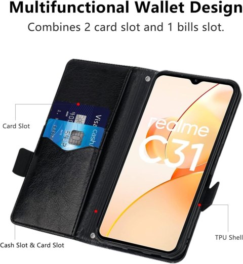 ETUI Z KLAPKĄ ELEGANCKIE REALME C31 Z EKOSKÓRY CZARNE +MIEJSCE NA KARTY