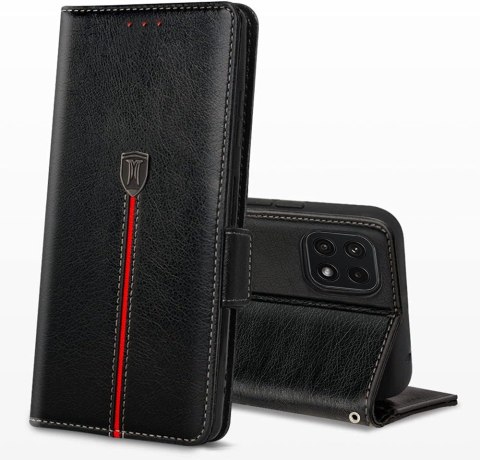 ETUI Z KLAPKĄ SAMSUNG GALAXY A22 5G EKOSKÓRA CZARNA CZERWONY PASEK ETUI Z KLAPKĄ SAMSUNG GALAXY A22 5G EKOSKÓRA CZARNA CZERWONY PASEK