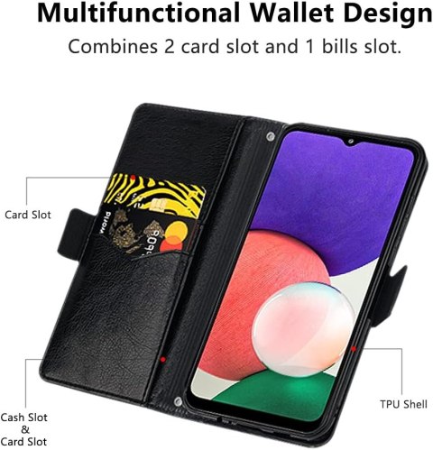 ETUI Z KLAPKĄ SAMSUNG GALAXY A22 5G EKOSKÓRA CZARNA CZERWONY PASEK ETUI Z KLAPKĄ SAMSUNG GALAXY A22 5G EKOSKÓRA CZARNA CZERWONY PASEK