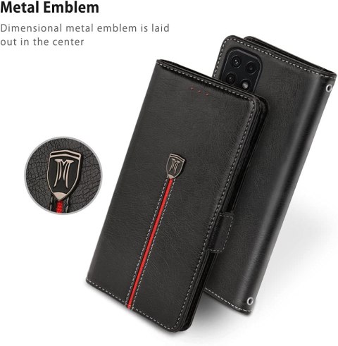 ETUI Z KLAPKĄ SAMSUNG GALAXY A22 5G EKOSKÓRA CZARNA CZERWONY PASEK ETUI Z KLAPKĄ SAMSUNG GALAXY A22 5G EKOSKÓRA CZARNA CZERWONY PASEK