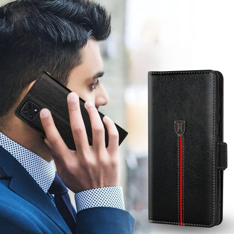 ETUI Z KLAPKĄ SAMSUNG GALAXY A22 5G EKOSKÓRA CZARNA CZERWONY PASEK ETUI Z KLAPKĄ SAMSUNG GALAXY A22 5G EKOSKÓRA CZARNA CZERWONY PASEK