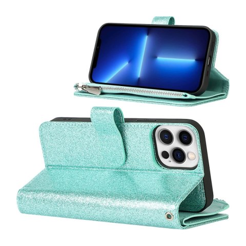 ETUI Z KLAPKĄ APPLE IPHONE 13 PRO MAX ZIELONE BROKATOWE PORTFEL OPASKA ETUI Z KLAPKĄ APPLE IPHONE 13 PRO MAX ZIELONE BROKATOWE PORTFEL OPASKA