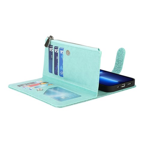 ETUI Z KLAPKĄ APPLE IPHONE 13 PRO MAX ZIELONE BROKATOWE PORTFEL OPASKA ETUI Z KLAPKĄ APPLE IPHONE 13 PRO MAX ZIELONE BROKATOWE PORTFEL OPASKA