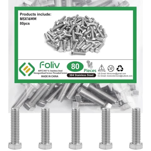 ŚRUBA M5*16MM M5x16MM SZEŚCIOKĄTNA STAL NIERDZEWNA 304 PEŁNY GWINT 80szt ŚRUBA M5*16MM M5x16MM SZEŚCIOKĄTNA STAL NIERDZEWNA 304 PEŁNY GWINT 80szt