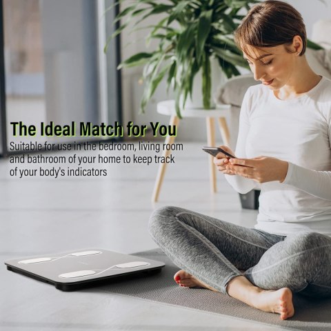 INTELIGENTNA WAGA ŁAZIENKOWA POMIAR TKANKI TŁUSZOWEJ BMI BLUETOOTH CZARNA INTELIGENTNA WAGA ŁAZIENKOWA POMIAR TKANKI TŁUSZOWEJ BMI BLUETOOTH CZARNA