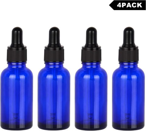 SZKLANA BUTELKA Z ZAKRAPLACZEM NA OLEJKI ETERYCZNE NIEBIESKA PUSTA 30 ml x4 SZKLANA BUTELKA Z ZAKRAPLACZEM NA OLEJKI ETERYCZNE NIEBIESKA PUSTA 30 ml x4