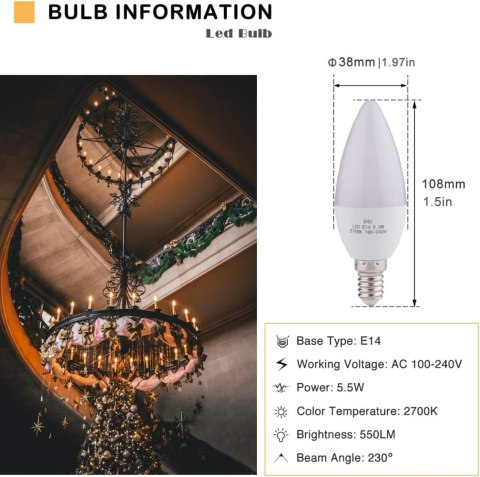 ŻARÓWKI ŚWIECZKOWE LED E14 BIAŁY CIEPŁY 5,5W 2700K 550LM C37 3szt ŻARÓWKI ŚWIECZKOWE LED E14 BIAŁY CIEPŁY 5,5W 2700K 550LM C37 3szt