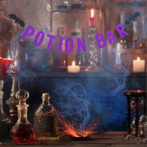 GIRLANDA POTION BAR FIOLETOWA CZARNE NIETOPERZE HALLOWEEN DO DRINK BARU GIRLANDA POTION BAR FIOLETOWA CZARNE NIETOPERZE HALLOWEEN DO DRINK BARU