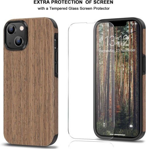 PRAKTYCZNE ETUI SZKO EKRAN MOCNE IPHONE 14 Plus 6.7' DREWNO BRĄZ