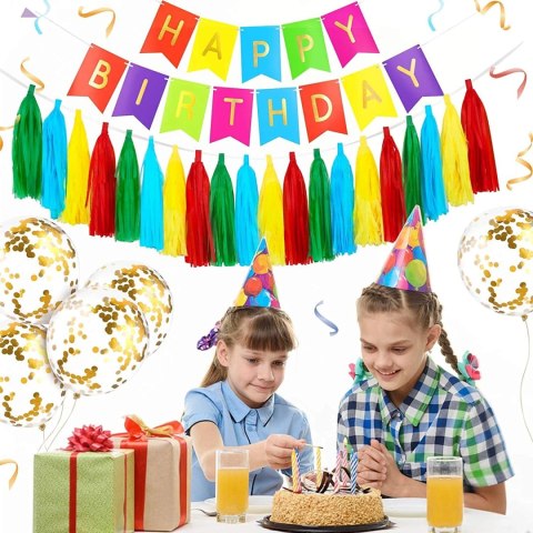 KOLOROWY BANER URODZINOWY BALONY ZŁOTE KONFETTI KOLOROWY BANER URODZINOWY BALONY ZŁOTE KONFETTI