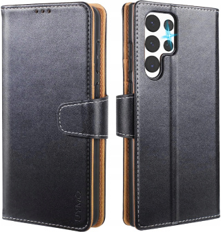 ETUI CZARNE ZAMYKANE SAMSUNG GALAXY S22 ULTRA Z KLAPKĄ ŚRODEK BRĄZOWY