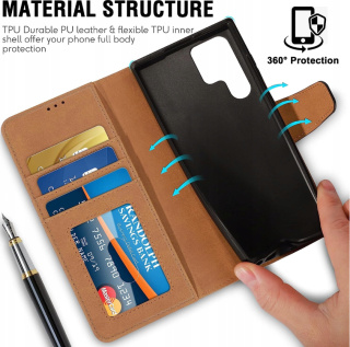 ETUI CZARNE ZAMYKANE SAMSUNG GALAXY S22 ULTRA Z KLAPKĄ ŚRODEK BRĄZOWY