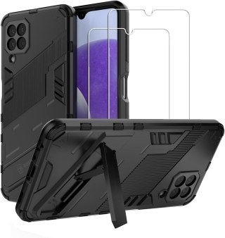 ETUI SAMSUNG GALAXY A22 5G CZARNE PANCERNE Z PODSTAWKĄ +2x SZKŁO HARTOWANE
